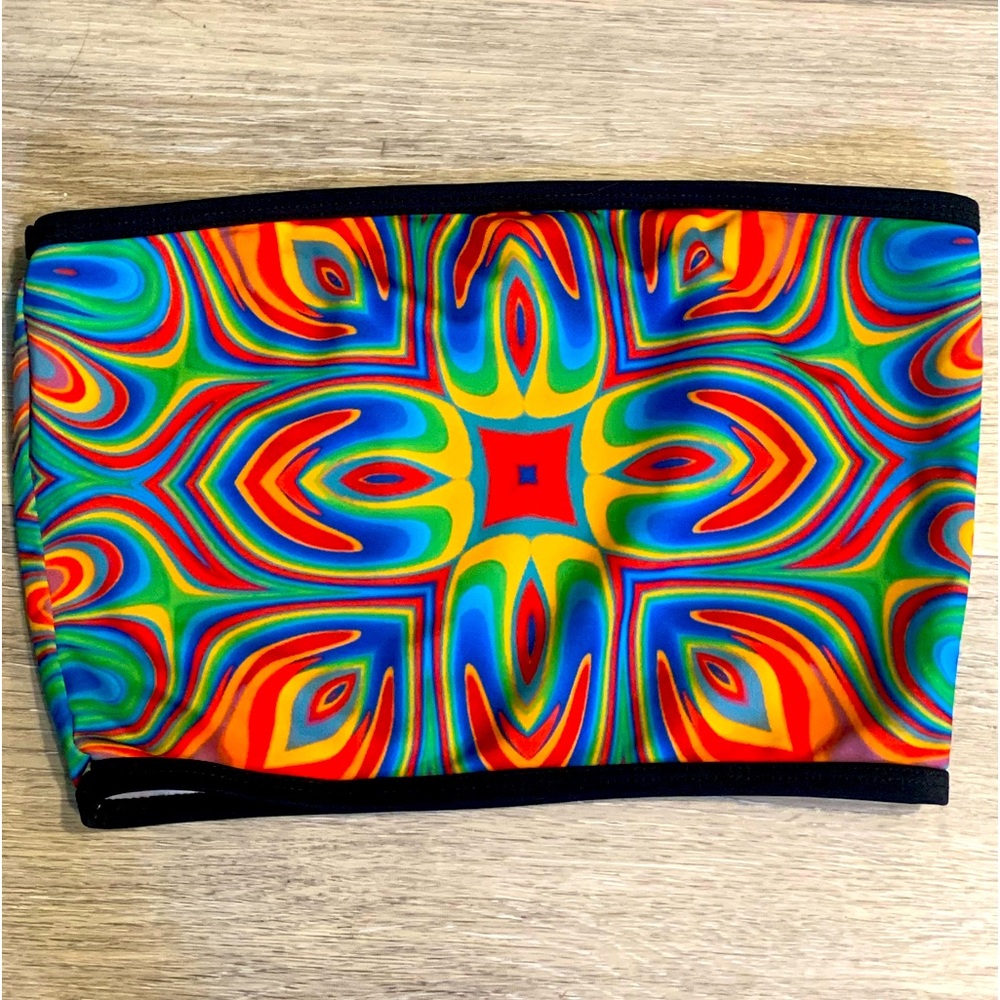 TRIPPY PSYCHEDELIC YOGA TUBE TOP BLUE RED YELLOW ORANGE RED & BLACK TRIM NEW XS